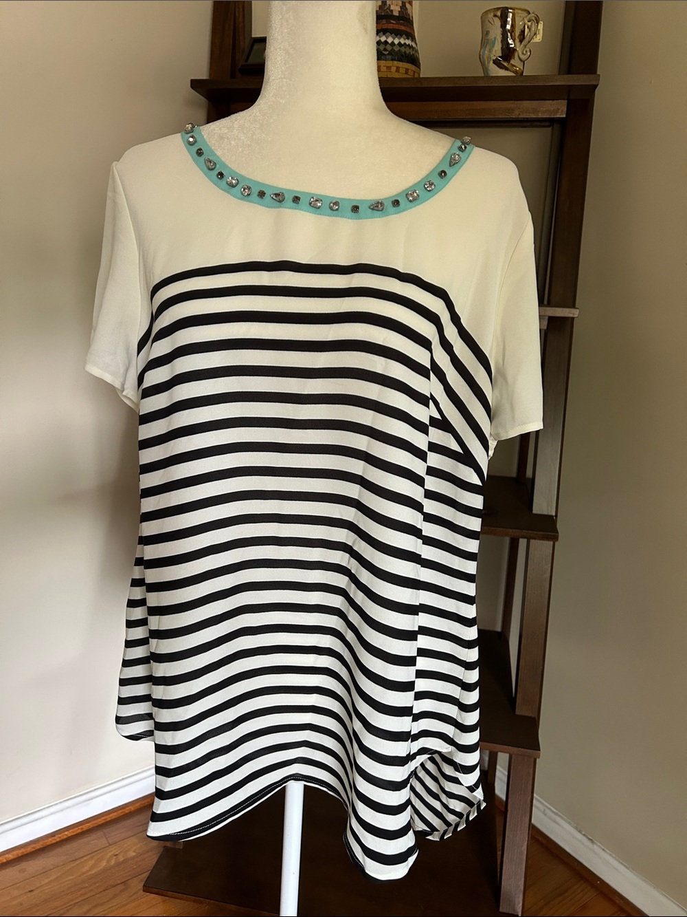 Lane Bryant Cream and Black Striped Top with Aqua Rhinestone Studded Neck
